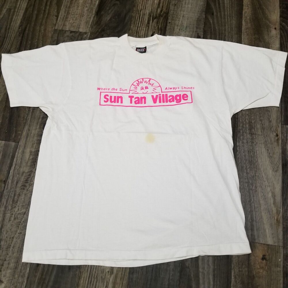 Vintage Single Stitch Sun Tan Village White Shirt Size XL Pink Words Discolored